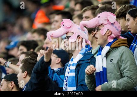 Gent, Belgien. 27. Juli 2023. Gents Fans wurden in der zweiten Qualifikationsrunde des UEFA Europa Conference League-Wettbewerbs am Donnerstag, den 27. Juli 2023 in Gent während eines ersten Spielspiels zwischen der belgischen Fußballmannschaft KAA Gent und dem slowakischen Verein MSK Zilina vorgestellt. BELGA FOTO JASPER JACOBS Kredit: Belga News Agency/Alamy Live News Stockfoto