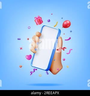 3D Party Confetti auf dem Mobiltelefon in der Hand Stock Vektor