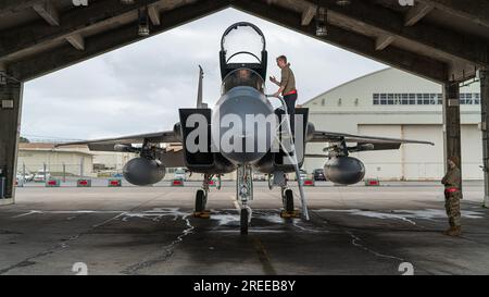 Preflight überprüft einen US-Flugplatz Air Force F-15C Eagle am 15. März 2023 in Kadena Air Base, Japan. USA Air Force Foto von Senior Airman Sebastian Romawac Stockfoto