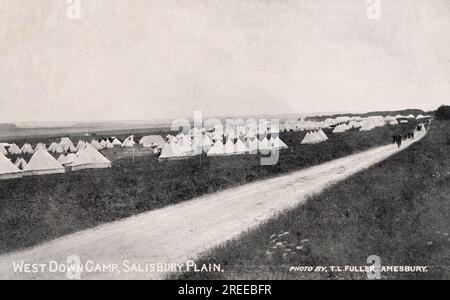 West Down Camp, Salisbury Plain, Wiltshire England, Postkarte aus der Zeit des Ersten Weltkriegs. T.L. Fuller-Foto, ca. 1914 Stockfoto