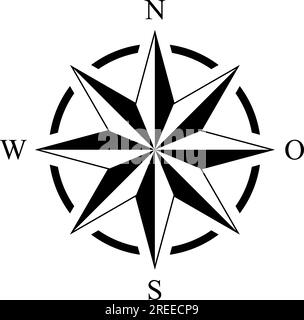 Kompassrosenvektor mit acht Richtungen und deutscher Ostbeschreibung. Isolierter Hintergrund. Marine, nautisch, Trekking-Navigationssymbol. Stock Vektor