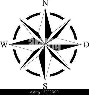 Kompassrosenvektor mit acht Richtungen und deutscher Ostbeschreibung. Isolierter Hintergrund. Marine, nautisch, Trekking-Navigationssymbol. Stock Vektor
