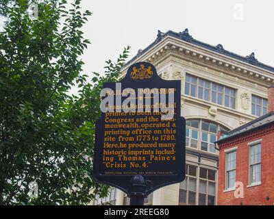 Bailey's Printshop historischer Marker in Lancaster, Pennsylvania, 5. Juni 2023, © Katharine Andriotis Stockfoto