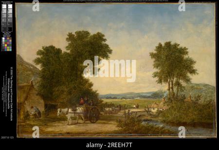 Waldlandschaft mit Figuren in einem Wagen 1855 von Alfred Gomersal Vickers Stockfoto