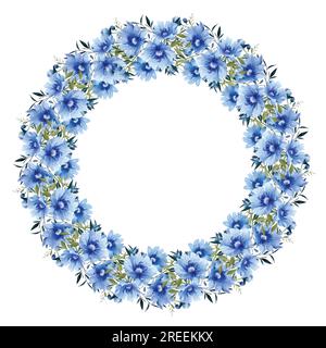Kranz mit blauen Wildblumen, Blättern und Zweigen im klassischen Aquarellstil. Vektorkreisrahmen, Vintage-blaue Blumen. Stock Vektor