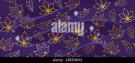 Goldene Blätter aus Eiche, Ahorn und Kastanie auf sternenlila Hintergrund - nahtloses Muster Stock Vektor