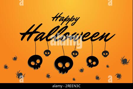 Fröhlicher orangefarbener Halloween-Hintergrund mit schwarzen Schädeln und Spinnen. Fröhliche Halloween-Vektorschrift mit schwarzen Schädelelementen. Feiertagskalligraphie für B. Stock Vektor