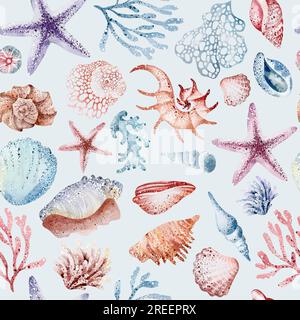 Meerestiere mit nahtlosen Mustern Meerestiere, Korallen, Pflanzen, Muscheln, Seesterne, kraken, Seepferdchen, Algen, Schildkröten. Aquarell Marinehintergrund. Stockfoto