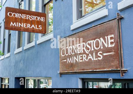 Asheville North Carolina, Einkaufsviertel, restaurierte lokale Geschichte, historische Gebäude in der Innenstadt, Außenfassade, Schild Cornerstone Stockfoto