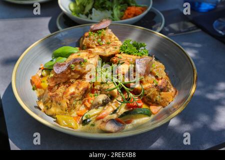 Vegetarische Küche, sautierte Knödel auf bunten Gemüse, Brotknödel, Rosmarin, Basilikum, Petersilie, Zucchini, Karotten, rote Paprika, Hauptgericht Stockfoto