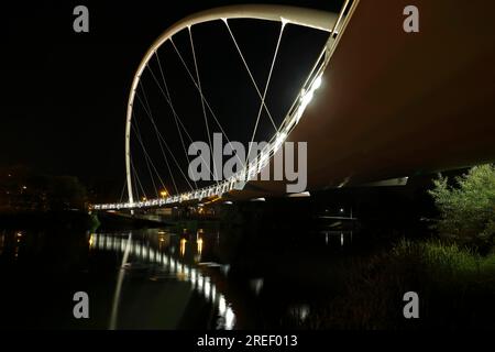 Bogenbrücke über den Fluss Mulde in der Nähe von Dessau, Biosphärenreservat Mittelelbe, Sachsen-Anhalt, Deutschland Stockfoto