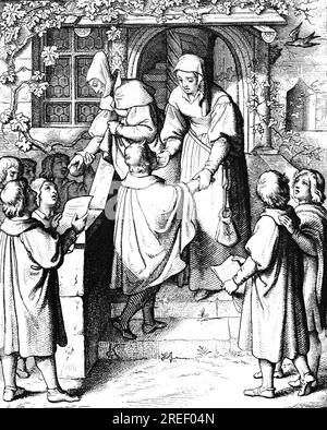 Martin Luther singt als Student vor der Tür von Frau Ursula Gotta in Eisenach 1498, Deutschland, Vordertür, Treppe, Fenster, Pflanzen, geben Stockfoto