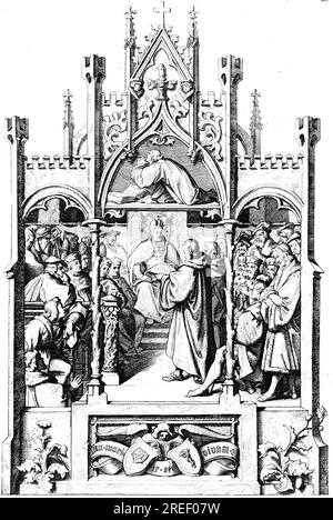 Martin Luther überreicht die Augsburger Beichte auf dem Sitz des Bischofs, Confessio Augustana (unten), betender Luther (oben), Augsburg, Kaiser Stockfoto
