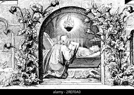 Der verstorbene Martin Luther in einem Sarg, Tod, Trauer, Kreuz, Kranz, Liegen, ruhen, Licht, Licht, Natur, Blumen, Ornamente, Religion Stockfoto