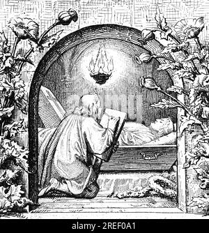 Der verstorbene Martin Luther in einem Sarg, Tod, Trauer, Kreuz, Kranz, Liegen, ruhen, Licht, Licht, Natur, Blumen, Ornamente, Religion Stockfoto