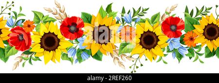 Blumige, nahtlose Umrandung mit Sonnenblumen, Mohnblumen, Blüten und grünen Blättern. Vector nahtlose horizontale Girlande Stock Vektor