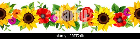Blumiger, nahtloser Rand mit Sonnenblumen, Mohnblumen und grünen Blättern. Vector nahtlose horizontale Girlande Stock Vektor