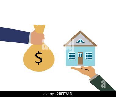 Die Hand eines Hauskäufers oder Geschäftsmanns schenkt dem Kauf eines Hauses eine Geldtasche. Immobilienfinanzierung und Geschäftskonzept. Stockfoto