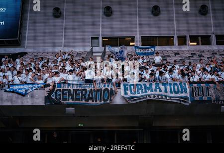 Stockholm, Tele2 Arena, Schweden. Qualifikationsspiel der Europa Conference League 07 27 2023 in Stockholm. Djurgården gegen die Schweizer Mannschaft Luzern. Luzern gewann das Spiel 2 zu 1. Daniel Bengtsson/Alamy News Stockfoto