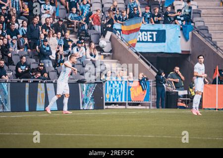 Stockholm, Tele2 Arena, Schweden. Qualifikationsspiel der Europa Conference League 07 27 2023 in Stockholm. Djurgården gegen die Schweizer Mannschaft Luzern. Luzern gewann das Spiel 2 zu 1. Daniel Bengtsson/Alamy News Stockfoto