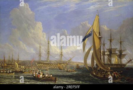 Szene in Plymouth Sound im August 1815 Untertitel: The 'Bellerophon' mit Napoleon an Bord in Plymouth (26. Juli - 4. August 1815) 1816 von John James Chalon Stockfoto