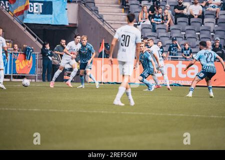 Stockholm, Tele2 Arena, Schweden. Qualifikationsspiel der Europa Conference League 07 27 2023 in Stockholm. Djurgården gegen die Schweizer Mannschaft Luzern. Luzern gewann das Spiel 2 zu 1. Daniel Bengtsson/Alamy News Stockfoto