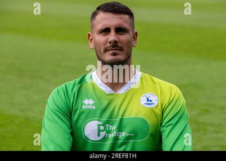 Pete Jameson von Hartlepool United während des vor-Saison-Fotoshooting von Hartlepool United Squad im Victoria Park, Hartlepool am Donnerstag, den 27. Juli 2023. (Foto: Mark Fletcher | MI News) Guthaben: MI News & Sport /Alamy Live News Stockfoto