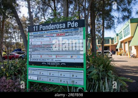 Gewerbepark in Warriewood, Sydney, Australien, mit Namensschild für Unternehmen Stockfoto