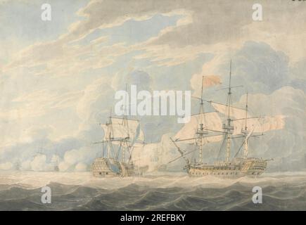 Der niederländische Vizeadmiral unter Admiral De Winter, der dem englischen Vizeadmiral Onslow unter Admiral Duncan bei der Schlacht von Camperdown am 11. Oktober 1797 1799 von Robert Cleveley seine Flagge schlug Stockfoto