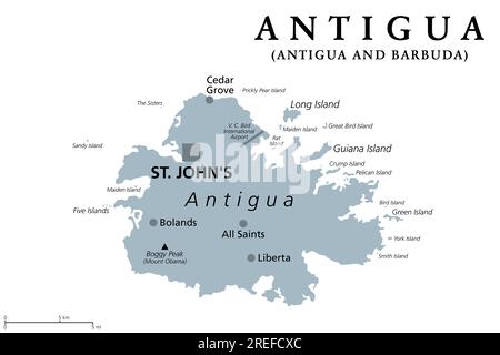 Antigua, Insel auf den kleinen Antillen, graue politische Karte. Eine der Leeward-Inseln in der Karibik, die bevölkerungsreichste Insel von Antigua und Barbuda. Stockfoto