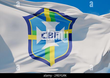 LONDON, Vereinigtes Königreich - Juli 2023: Logo der brasilianischen Nationalmannschaft auf einer fliegenden Flagge. 3D-Rendering Stockfoto