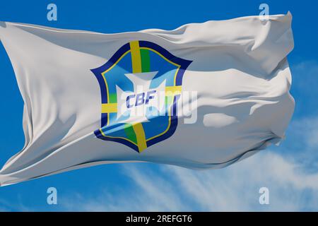LONDON, Vereinigtes Königreich - Juli 2023: Logo der brasilianischen Nationalmannschaft auf einer fliegenden Flagge. 3D-Rendering Stockfoto