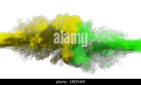 Gelbe und grüne Rauchspuren stoßen auf einen weißen Hintergrund. 3D Abbildung. Stockfoto