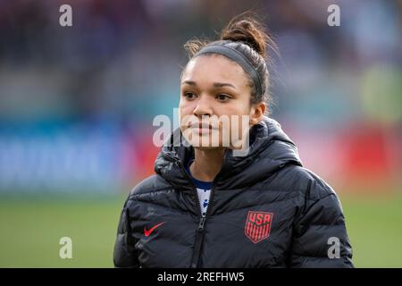 Wellington, Wellington, Neuseeland. 28. Juli 2023. USA Forward SOPHIA SMITH #11 nach dem FIFA WomenÃs World Cup Group E-Spiel 2023 gegen die Niederlande im Wellington Regional Stadium in Wellington, Neuseeland. USA 1:1 Niederlande (Kreditbild: © Ira L. Black/ZUMA Press Wire) NUR REDAKTIONELLE VERWENDUNG! Nicht für den kommerziellen GEBRAUCH! Stockfoto