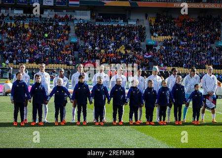 Wellington, Wellington, Neuseeland. 28. Juli 2023. Die Startlinie der USA vor dem Start des FIFA WomenÃs World Cup Group E-Spiels 2023 gegen die Niederlande im Wellington Regional Stadium in Wellington, Neuseeland. USA 1:1 Niederlande (Kreditbild: © Ira L. Black/ZUMA Press Wire) NUR REDAKTIONELLE VERWENDUNG! Nicht für den kommerziellen GEBRAUCH! Stockfoto