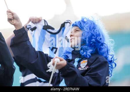 Dunedin, Neuseeland. 28. Juli 2023. Dunedin, Neuseeland, Juli 28. 2023: Argentinischer Fan während des FIFA Womens World Cup 2023 Fußballspiels zwischen Argentinien und Südafrika im Dunedin Stadium in Dunedin, Neuseeland. (Daniela Porcelli/SPP) Kredit: SPP Sport Press Photo. Alamy Live News Stockfoto