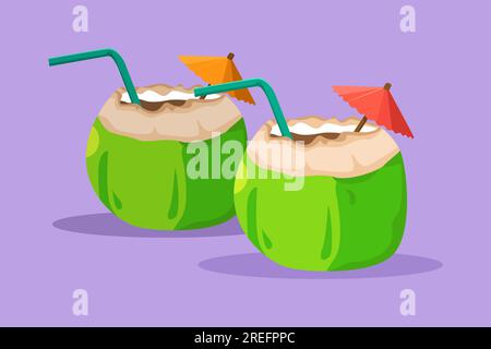 Flache Cartoon-Figur, die zwei grüne Kokosnüsse mit Trinkstroh malt. Für Flyer, Aufkleber, Karte, Logo, Symbol. Lindert Durst und Austrocknung im Sommer. Stockfoto