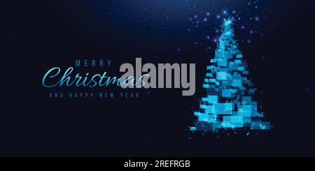 Weihnachtsbaum aus geometrischen Formen, Lichtern und Glitzern. Cyber Christmas oder Happy New Year Concept. Vektortechnologie. Stock Vektor