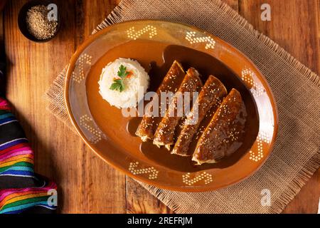 Hühnerenmoladas. Auch bekannt als Mole poblano enchiladas, sind sie ein typisches mexikanisches Gericht, das in Mexiko und dem Rest der Welt sehr beliebt ist. Stockfoto