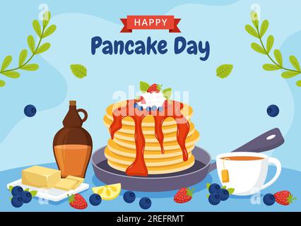 Pancake Day Vector Illustration ein Teller mit Pfannkuchen garniert mit Sirup, Kirschen und Blaubeeren in hausgemachten Backwaren Flat Cartoon handgezogenen Vorlagen Stock Vektor