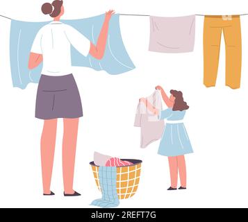 Kleine Tochter hilft Mutter, gewaschene Kleidung zum Trocknen an die Schnur zu hängen. Hausarbeit und häusliche Routine, Hausfrau mit Kufen draußen. Familie Stock Vektor