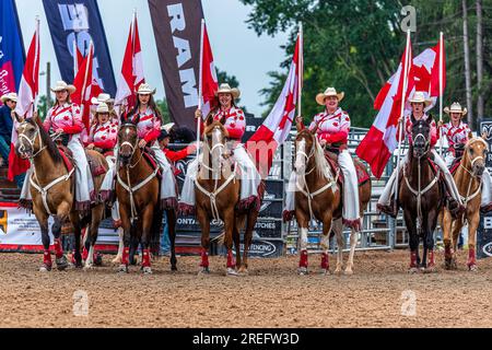 Canada Rodeo. ERIN ONTARIO RAM RODEO - am 22-23. Juli fand in Erin, Ontario, ein Rodeo-Wettbewerb statt. Pferde und Stiere reiten. Pferdeslalom. Stockfoto