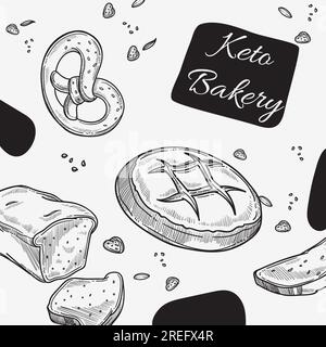 Bäckerei mit Keto-Produkten, Brezel und leckerem Brot mit Vollkorn. Nahtloses Muster oder Menü für Restaurant. Werbebanner, Lebensmittelwerbung. Mo Stock Vektor