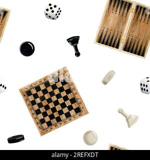 Tischspiele Schach, Backgammon und Dame mit weißen Spielwürfeln Würfel Wasserfarben nahtloses Muster für Hobby Stockfoto