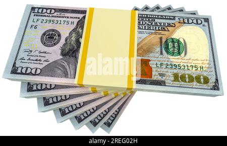 Geldstapel aus Dollars isoliert auf weißem Hintergrund. Dollar-Finanzkonzeption. Stockfoto