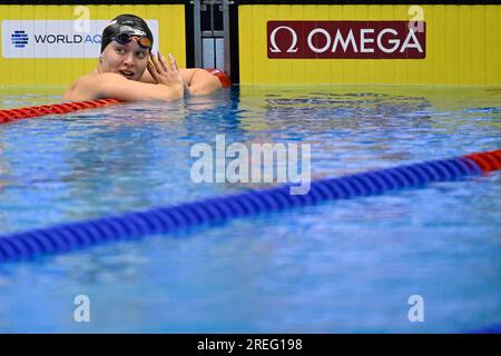 Fukuoka, Japan. 28. Juli 2023. Alisee Pisane wurde am Freitag, den 28. Juli 2023, nach dem Freestyle 800m der Frauen bei den World Aquatics Championships in Fukuoka, Japan, fotografiert. BELGA FOTO NIKOLA KRSTIC Credit: Belga News Agency/Alamy Live News Stockfoto