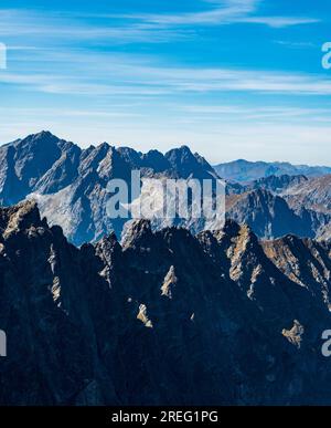 Maly Javorovy stitt, Javorove Veze, Rysy und einige andere Gipfel der Hohen Tatra und der westlichen Tatra im Hintergrund des Sedielko-Gebirgspasses Stockfoto