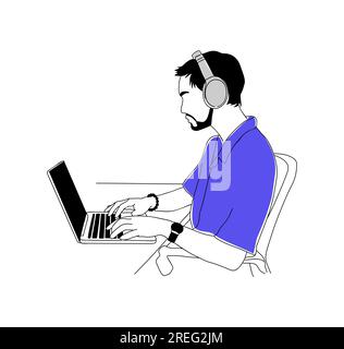 Junger Mann, der am Schreibtisch sitzt und am Laptop arbeitet. Stock Vektor