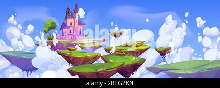 Fantasy Castle auf einer schwimmenden Insel in Sky Cartoon Landschaft. Magisches Märchen im fliegenden Königsturm in der Fantasie-Himmel-Traumszene. Sommerliches Grün und Felslandschaft mit UI-Spielvektor auf der Felsbroscheplattform Stock Vektor