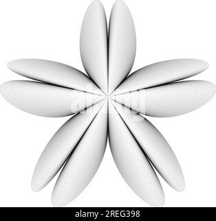 Schwarze Linien in Blütenform, isoliert auf weißem Hintergrund. Für Designelemente im Konzept von Technologie, Wissenschaft oder Moderne. Stock Vektor